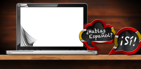 Spanish language lesson. 3D illustration of two speech bubbles with Spanish flag and question, Hablas Espanol? and Si! (Do you speak Spanish? and Yes!). Modern laptop computer with blank screen. Spain