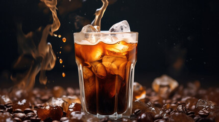 close-up of an iced coffee, showcasing the swirling patterns created by the blending of cream and coffee, offering a visually pleasing experience alongside the refreshing taste. AI generated