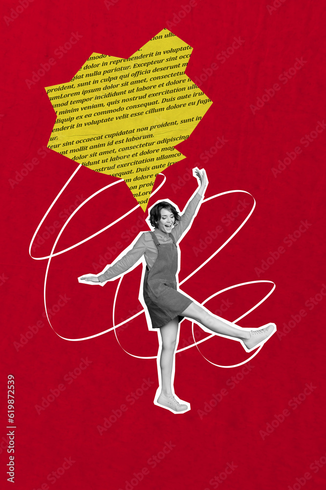 Poster vertical collage of black white effect positive girl enjoy dancing book text page mind bubble isolat