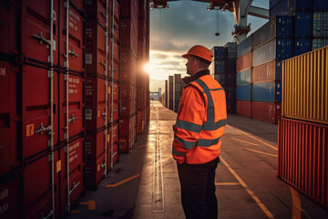 Male logistics coordinator managing harbor operations, surrounded by shipping containers, Generative AI