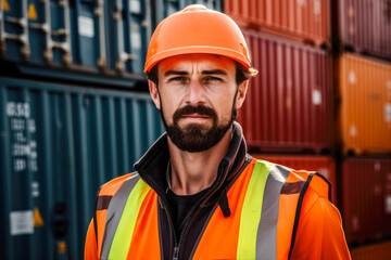 Male logistics coordinator managing harbor operations, surrounded by shipping containers, Generative AI