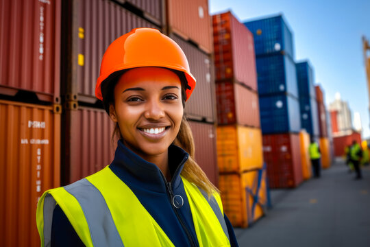 African American female logistics coordinator managing harbor operations, surrounded by shipping containers, Generative AI