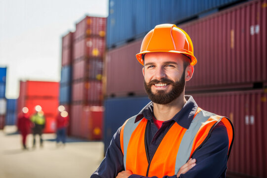 Male logistics coordinator managing harbor operations, surrounded by shipping containers, Generative AI