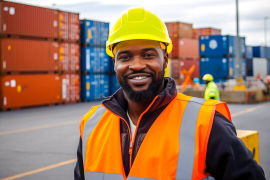 African American male logistics coordinator managing harbor operations, surrounded by shipping containers, Generative AI