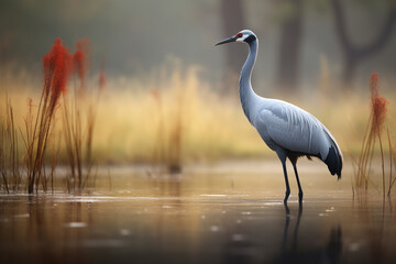 A lone crane in the forest - obrazy, fototapety, plakaty
