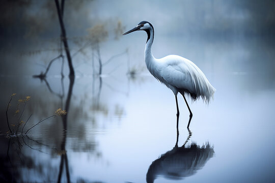 A lone crane in the forest.