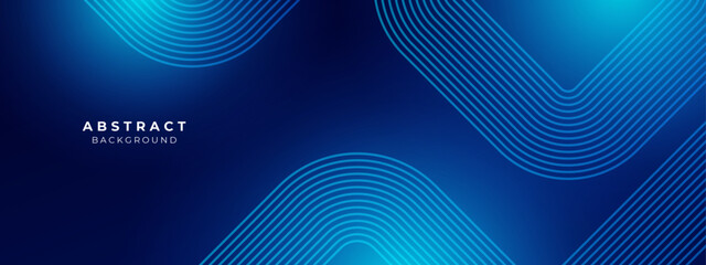 Abstract blue glowing geometric lines on dark blue background. Modern shiny blue diagonal rounded lines pattern. Futuristic technology concept. Vector illustration