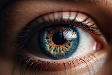 Realistic illustration. Human female blue eye close up. Macro. Eyelashes, eyelid. Concept of sight, supervision. Glare on iris. Pupil. White Caucasian woman. Day of sight. Reflection. Generative AI