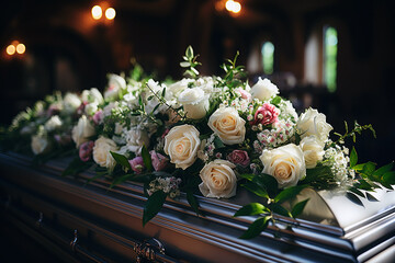 Coffin with a flower arrangement close up, funeral arrangement