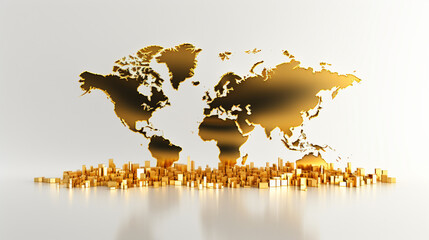 金融経済銀行貿易市場のお金の概念または黄金の株式国際外貨準備資産価格の白い 3 d 通貨背景に分離されたグローバル ビジネス金投資世界地図GenerativeAI - obrazy, fototapety, plakaty
