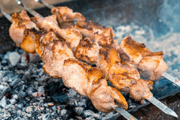 Traditional georgian mtsvadi, grill on the coals with smoke. Shashlik