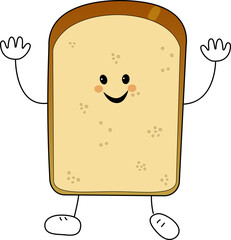 Bread.Toast with a smile on his face, raised hands and feet in white sneakers.Healthy breakfast concept.Vector character isolated on a white background. Toast, cartoon bread,vintage,cartoon style.