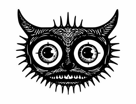 Cat Face Demonic Tattoo Logo Needles Spikes Carnival Show Toothy Funny Scary