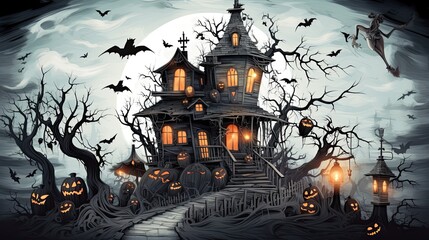 Spooky and whimsical hand-drawn illustration with witch flying over a haunted house surrounded by ghostly figures