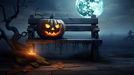 Halloween with a haunting Jack O Lantern featuring an evil expression and piercing eyes, on wooden bench