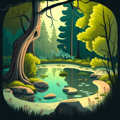 Forest landscape river and trees cartoon illustration,Generative AI.