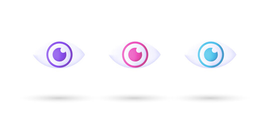 3d editable illustration eye icon purple, pink and blue, 3d, vector, suitable for web illustrations, hero pages, landing pages. 3d vision vector illustration.