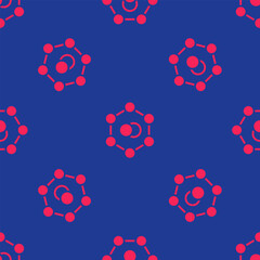 Fototapeta na wymiar Red Molecule icon isolated seamless pattern on blue background. Structure of molecules in chemistry, science teachers innovative educational poster. Vector