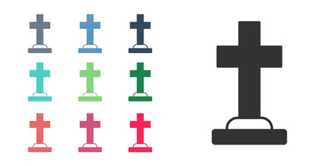 Black Tombstone with cross icon isolated on white background. Grave icon. Happy Halloween party. Set icons colorful. Vector