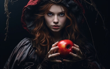 A good looking young woman witch offers a poisoned red apple - obrazy, fototapety, plakaty