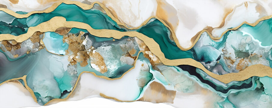 Marble abstract background with gold and turquoise colors. Marble texture.