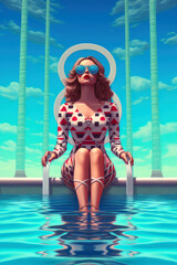 woman in pool, futuristic summer bikini, pop surrealism