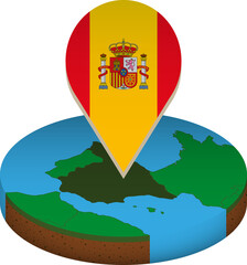 Isometric round map of Spain with flag.