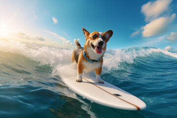 Photo funny dog rides a surfboard on the ocean waves summer vacation concept photography