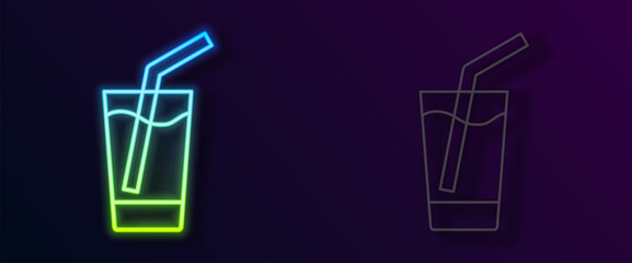 Glowing neon line Glass with water icon isolated on black background. Soda glass. Vector