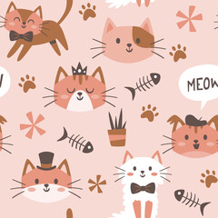 Cute kitties seamless pattern. Pet objects and cats isolated on light pink background. Nursery decoration. Square repeat pattern design. Vector illustration.