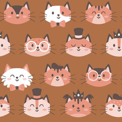 Costume cats seamless pattern. Funny cat faces with accessories like bow ties, hats and glasses. Nursery decoration. Square repeat pattern design. Vector illustration.
