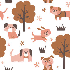Cute dogs and trees seamless pattern. Pets having fun in the park. Nursery decoration. Square repeat pattern design. Vector illustration.