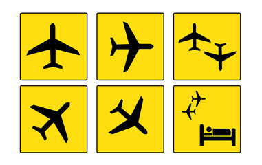 Señales de información del aeropuerto amarillo sobre un fondo blanco.. Vista de frente y de cerca