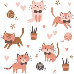 Cats in different poses seamless pattern. Cute cat with hearts, plants and wool isolated on white background. Nursery decoration. Square repeat pattern design. Vector illustration.