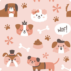Cute doggies seamless pattern. Pet objects and dogs isolated on light pink background. Nursery decoration. Square repeat pattern design. Vector illustration.