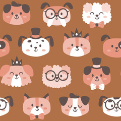 Costume dogs seamless pattern. Funny dog faces with accessories like bow ties, hats and glasses. Nursery decoration. Square repeat pattern design. Vector illustration.