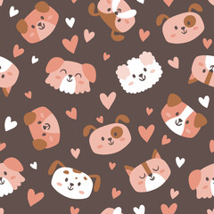 Lovely dog faces seamless pattern. Cartoon dogs and hearts on brown background. Nursery decoration. Square repeat pattern design. Vector illustration.