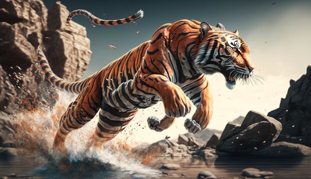 Tribal tiger jump.Generative AI