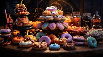 Festive display of Halloween donuts, vibrant colors, candy decorations, whimsical motifs like witches hats and ghosts.