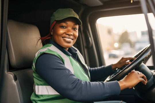 Candid shot of a confident african american female delivery truck driver. Generative AI