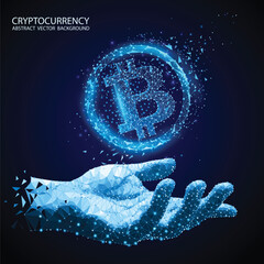 Blue abstract technology background. Vector. Polygonal human hand holds bitcoin. Electronic cryptocurrency and modern technology. Blockchain Low poly image. Internet banking and finance.
