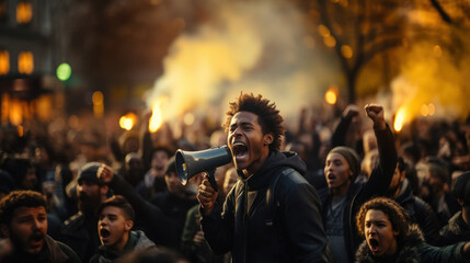 African American young man screaming in megaphone at protest for human rights outdoors in smoke against violence. Generative AI. - obrazy, fototapety, plakaty