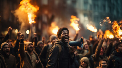 Fototapeta na wymiar Black man marching with crowd of people with raised fists and fire on background on public demonstrations. Generative AI.