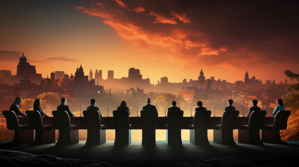  Meeting concept with silhouettes of freemasons people sitting on table. Secret clan who control the situation in the world. Generative AI. - obrazy, fototapety, plakaty