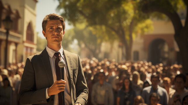 Republican presidential candidate with microphone in front of a crowd on a city street. Generative AI.