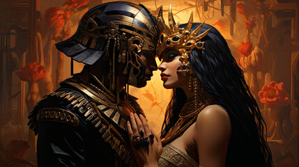 Imagining Isis and Osiris - a woman wearing armor with a man standing beside her in a fantasy setting - Generative AI
