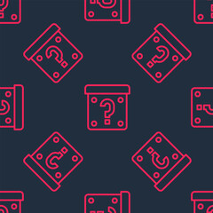 Red line Mystery box or random loot box for games icon isolated seamless pattern on black background. Question mark. Unknown surprise box. Vector