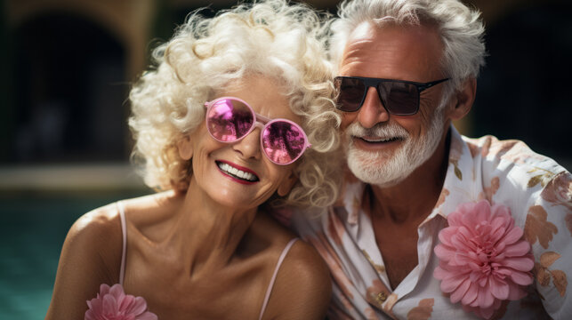 Stylish senior couple donning trendy sunglasses, basking in the golden sun rays, and sharing warm smiles while savoring their time at a luxurious and exotic resort akin to Bali or Hawaii