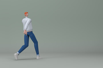 Fototapeta na wymiar Man in casual clothes making gestures while pushing or running. 3D rendering of a cartoon character