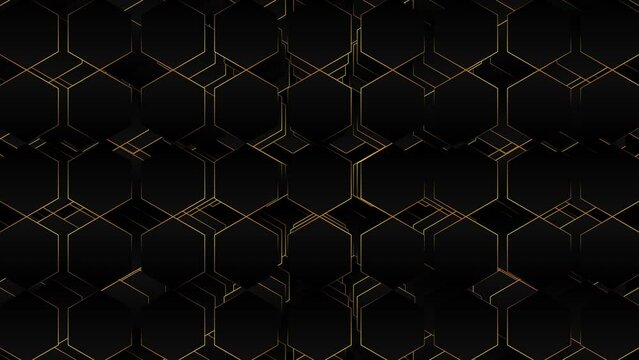 Elegant black background with hexagon pattern and golden lines. seamless loop